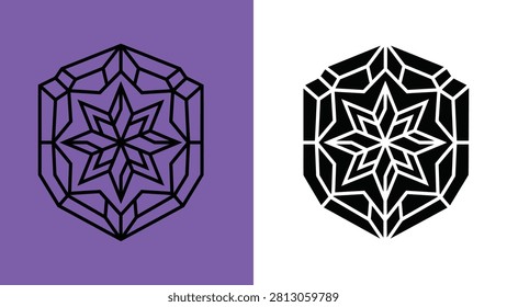 Geometric snowflake pattern design in black outline and filled silhouette on purple and white backgrounds