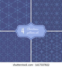Geometric snowflake pattern set. Seamless patterns included in swatch panels. Monochrome winter blue print, wallpaper, background. Stock vector illustration in flat style.