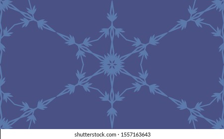 Geometric snowflake seamless pattern. Monochrome blue vector illustration.