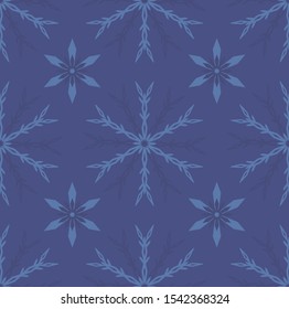Geometric snowflake seamless vector. Monocrome blue background.