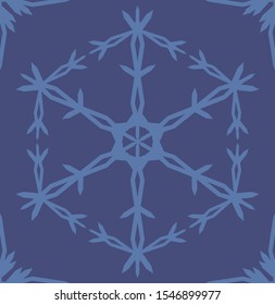 Geometric snowflake seamless vector. Monocrome blue background.