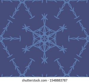 Geometric snowflake seamless vector. Monocrome blue background.