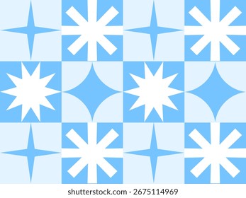 Geometric Snowflake and Star Motif in Repeating Blue and White Squares,Seamless Pattern,Wrapping Paper