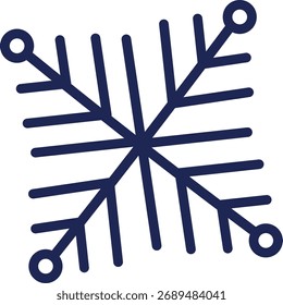 Um floco de neve geométrico com ramos simétricos e pontas circulares em um estilo de linha negrito. O design floco de neve apresenta simetria radial e extremidades arredondadas. Ilustração de vetor de desenhos animados.