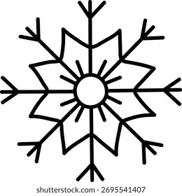 Un copo de nieve geométrico con ramas simétricas y un centro circular en un estilo de línea limpia. El diseño del copo de nieve presenta ángulos afilados y una estructura equilibrada. Ilustración vectorial de dibujos animados.