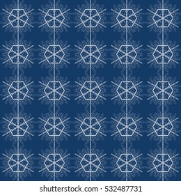 Geometric snowflakes on a blue background