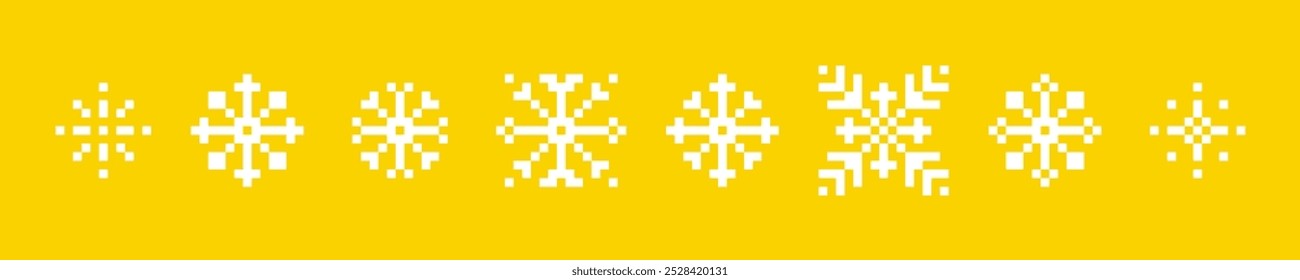 Geometric snowflakes pixel icons set. Abstract winter game elements. Christmas pattern. Mood of 90's aesthetics. Retro style pixelated vector elements. Xmas. Simple geometric shape for collage sticker