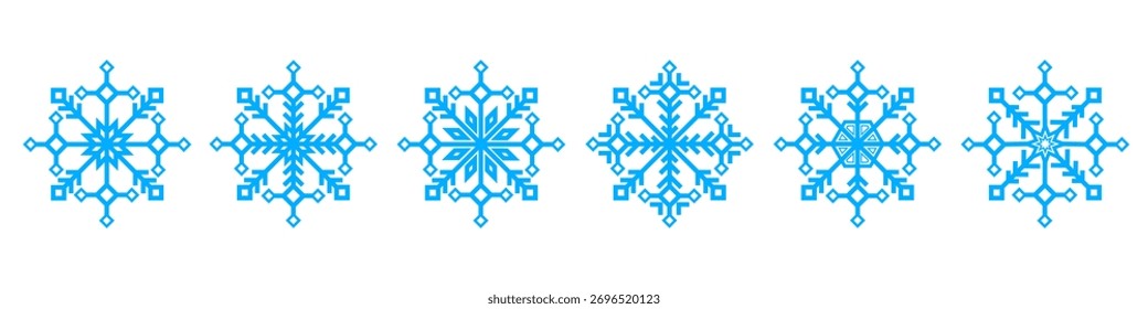 Geometrisches Schneeflocken-Set, eisiger Winterhintergrund, Schneefall, Weihnachts- und Neujahrsdesign-Elemente für Logos, Feiertage, Winterdekoration, Werbung, Präsentationen, festliche Vektorgrafik	
