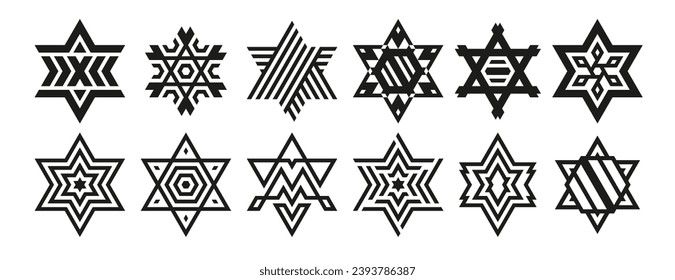 Geometric snowflakes or star set. Trendy shapes collection isolated on white.