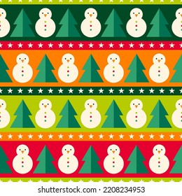 Geometric snowman and pine tree seamless striped pattern background.