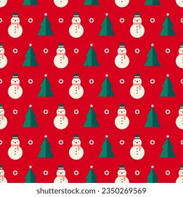 Geometric snowman and pine tree seamless pattern on red background.