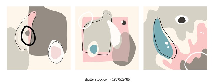 Conjunto de fondo geométrico de medios sociales, formas abstractas de vector pastel. Afiches abstractos contemporáneos. Doodles modernos de fluidos, formas gráficas. Banner decorativo, afiche artístico en azul pastel, rosa, marrón