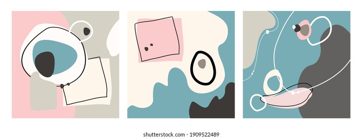 Geometrisches Hintergrundset für soziale Medien, abstrakte, pastellfarbene Vektorformen. Zeitgenössische abstrakte Plakate gesetzt. Moderne Flüssigkeitdoodles, grafische Formen. Dekoratives Banner, Kunstposter auf pastellblauem, rosafarbenem, braunem Hintergrund