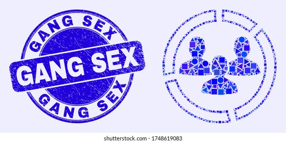 Icono de mosaico de gráfico circular social geométrico y sello de sexo de pandillas. Estampilla azul vectorial redondeada con frase de sexo de banda. Collage abstracto del gráfico de tartas sociales combinado de elementos geométricos redondos, trillados y cuadrados.