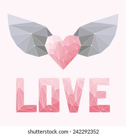 geometric soft colored triangular abstract polygonal heart with wings and love word isolated on pink cover for use in design for valentines day or wedding greeting card