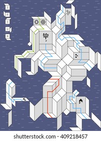 Geometric spacecraft with an abstract icons and logotypes. Background illustration for a poster or cover.