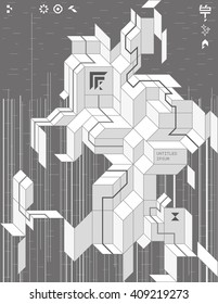 Geometric spacecraft with an abstract icons and logotypes. Background illustration for a poster or cover.