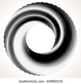 Geometric spiral element series. Abstract swirl, twirl graphics with rotating radial lines