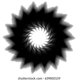Geometric spiral element series. Abstract swirl, twirl graphics with rotating radial lines