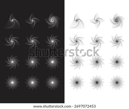 Geometric spiral line art pattern set on white and black background star