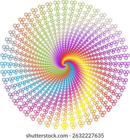 A geometric spiral pattern composed of rainbow-colored six-pointed star shapes, forming a dynamic and harmonious symmetrical vortex