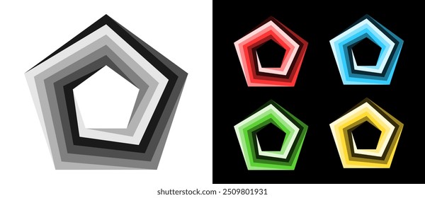 Geometrisches spiralförmiges Fünfeck als modernes Design-Element oder Symbol. Graue Farben und rote, blaue, grüne, gelbe Vorlage.