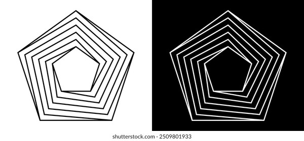 Geometrisches spiralförmiges Fünfeck als modernes Design-Element oder Symbol. Schwarze Form auf weißem Hintergrund und die gleiche weiße Form auf der schwarzen Seite.