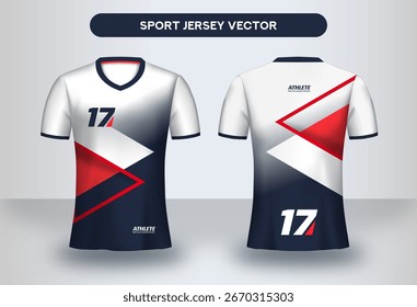 Plantilla de Vector de jersey deportivo geométrico en rojo, azul marino y blanco. Diseño moderno en la parte delantera y trasera, ideal para uniformes de equipo, ropa deportiva y ropa deportiva.