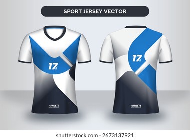 Plantilla de Vector jersey deportivo geométrico en azul y blanco. Diseño moderno en la parte delantera y trasera, ideal para uniformes de equipo, ropa deportiva y ropa deportiva.