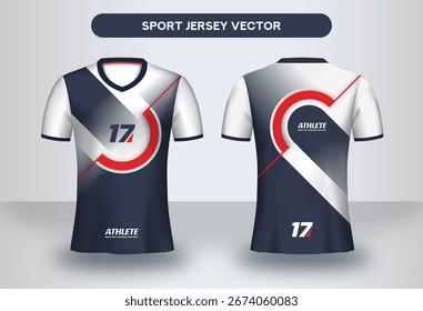 Plantilla de Vector de jersey deportivo geométrico en rojo, azul marino y blanco. Diseño moderno en la parte delantera y trasera, ideal para uniformes de equipo, ropa deportiva y ropa deportiva.