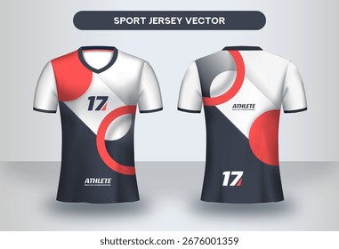 Plantilla de Vector jersey deportivo geométrico en rojo y blanco. Diseño moderno en la parte delantera y trasera, ideal para uniformes de equipo, ropa deportiva y ropa deportiva.