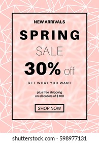 Geometric spring sale banner for online shopping with discount offer. Promotional email design poster. Rose triangular abstract background.