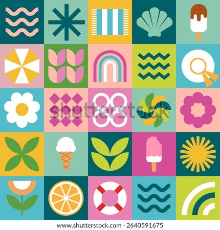 Geometric square abstract summer colorful pattern of blocks and icons, simple shapes with ice cream, sea, hat, flowers, limon, wave, shell, rainbow. Flat vector background in retro style EPS10