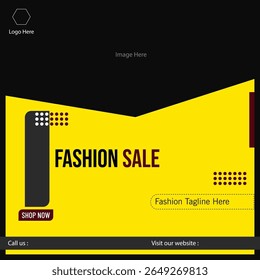 Modelo de banner quadrado geométrico para venda de moda online. Fundo preto e amarelo.