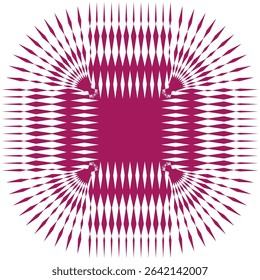Geometric square burst. Spiky diamond shape. Burgundy radial form. Optical pattern vector.
