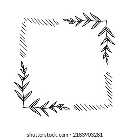 Geometric square floral empty frame with branches and flowers. Elegant herbs or blossoms. Vector botanical outline borders set