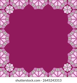 Geometric square frame in shades of pink. Mosaic ornament of polygonal shapes. Fantasy half round motif on red wine background. Complicated colorful background. Classic stainless glass design