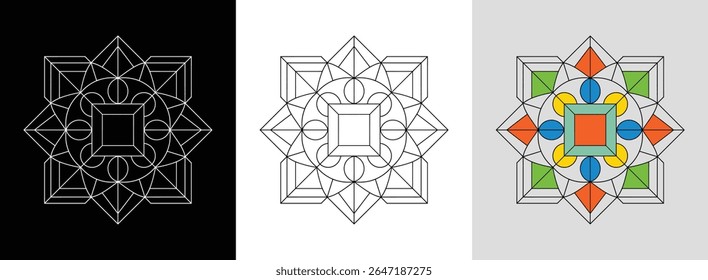 Geometric square mandala with symmetrical lines and bright accents for modern decor.