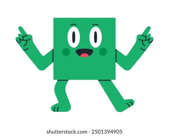 Mascota cuadrada geométrica. Personaje cuadrado divertido, linda forma cuadrada cómica con emociones faciales Ilustración vectorial plana. Mascota cuadrada de dibujos animados con cara humorística