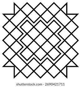 Geometric square pattern, a complex design with interlocking diamonds and zigzag lines in black, creating an optical illusion