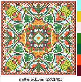 geometric square pattern for cross stitch ukrainian traditional embroidery, who like hand made and creation, pixel ornamental vector illustration