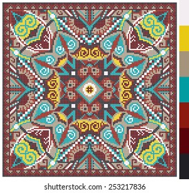 geometric square pattern for cross stitch ukrainian traditional embroidery, who like hand made and creation, pixel ornamental vector illustration
