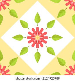 Geometric square pattern with red flowers and green leaves