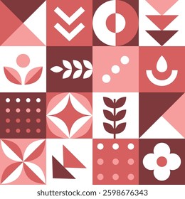 Geometric Square Pattern. Seamless Abstract Print with Simple Elements. Mosaic. Trendy Flat Style Background. Sample can be used for Packaging, Cover, Wrapping, Cards, Bags. Vector in Red, White
