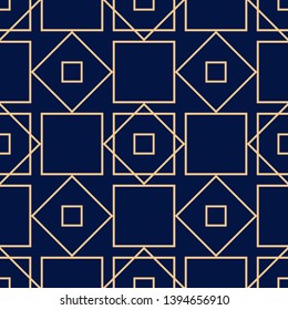  Geometric square print. Golden pattern on dark blue seamless background