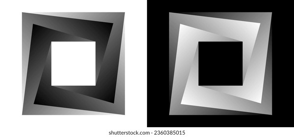 Geometric square shape as modern design element, logo or icon. A dark figure on a white background and an equally light figure on the black side.