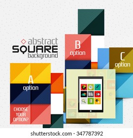 Geometric square shapes and infographic option elements with tablet. Vector illustration