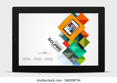 Geometric square shapes and infographic option elements with tablet. Vector illustration