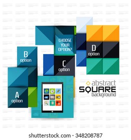 Geometric square shapes and infographic option elements with tablet. Vector illustration