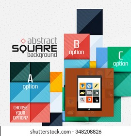 Geometric square shapes and infographic option elements with tablet. Vector illustration